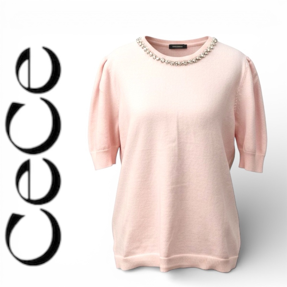 CeCe Women Knit Top Short Sleeve Embellished Neck Pink Size M NWT
